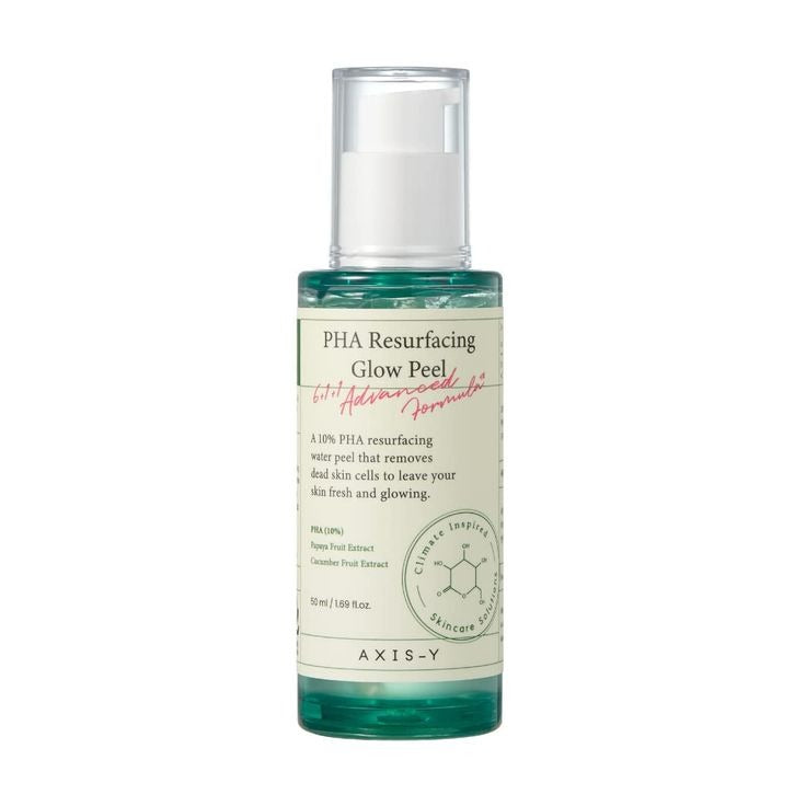 AXIS-Y PHA Resurfacing Glow Peel bottle with label and applicator, designed for gentle skin exfoliation and brightening.