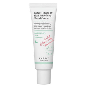 AXIS-Y Panthenol 10 Skin Smoothing Shield Cream in a jar, featuring a white cream texture and clear labeling on the packaging.