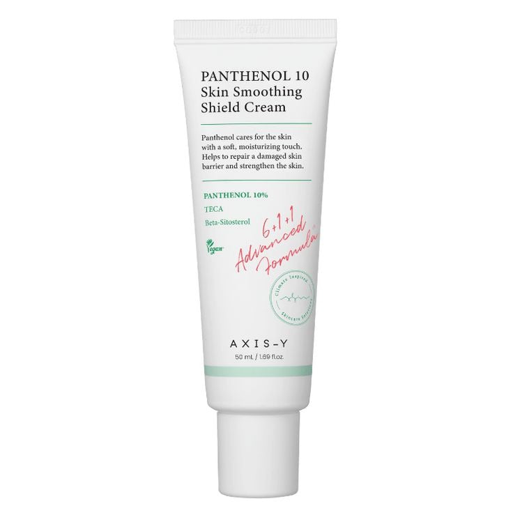 AXIS-Y Panthenol 10 Skin Smoothing Shield Cream in a jar, featuring a white cream texture and clear labeling on the packaging.