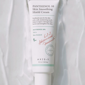 AXIS-Y Panthenol 10 Skin Smoothing Shield Cream in a jar, featuring a creamy texture and skincare benefits.