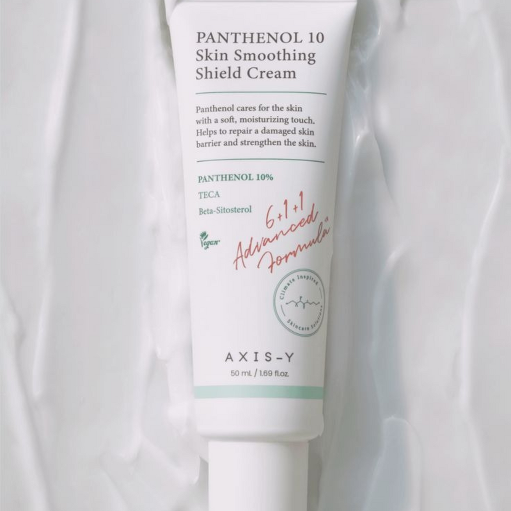 AXIS-Y Panthenol 10 Skin Smoothing Shield Cream in a jar, featuring a creamy texture and skincare benefits.