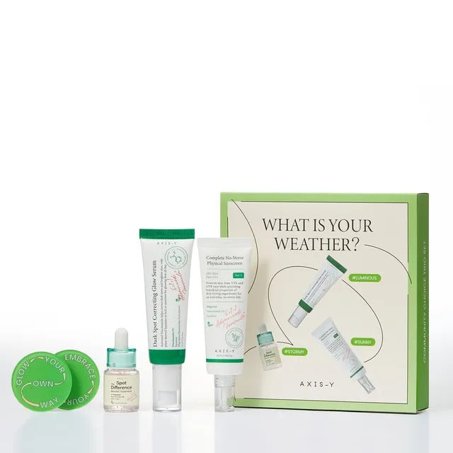 AXIS-Y What Is Your Weather Beauty Box with skincare products in a sleek box, designed for weather-adaptive skincare by SELENAIRE.