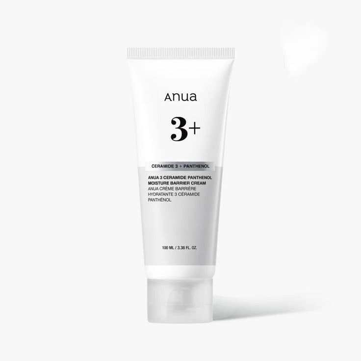 Anua 3 Ceramide Panthenol Moisture Barrier Cream in a jar, showing smooth cream texture and packaging with product label.