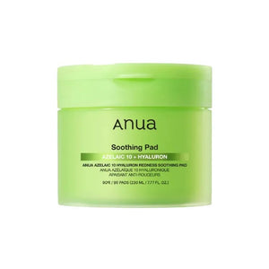 Anua Azelaic 10 Hyaluron Redness Soothing Pad by SELENAIRE with a sleek, white container and open pad showing its texture.