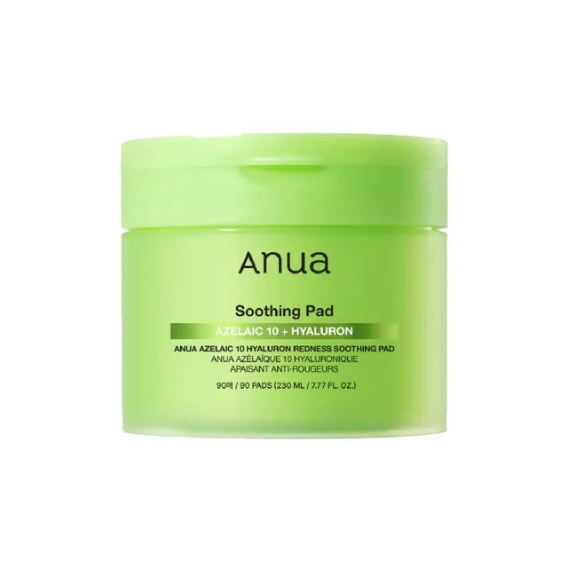 Anua Azelaic 10 Hyaluron Redness Soothing Pad by SELENAIRE with a sleek, white container and open pad showing its texture.