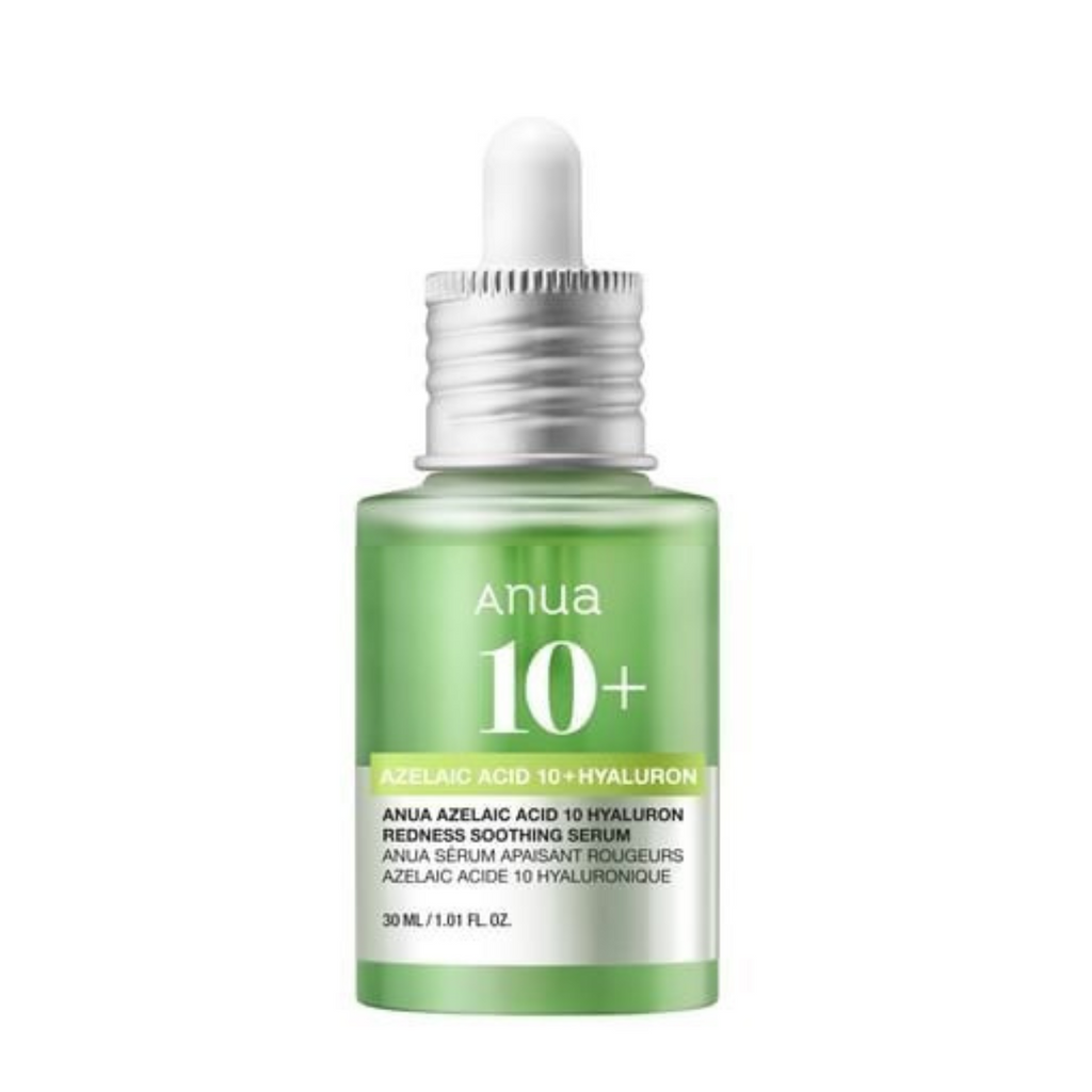 Selenaire Anua Azelaic Hyaluron Soothing Serum bottle with dropper, showcasing clear glass container and product label.
