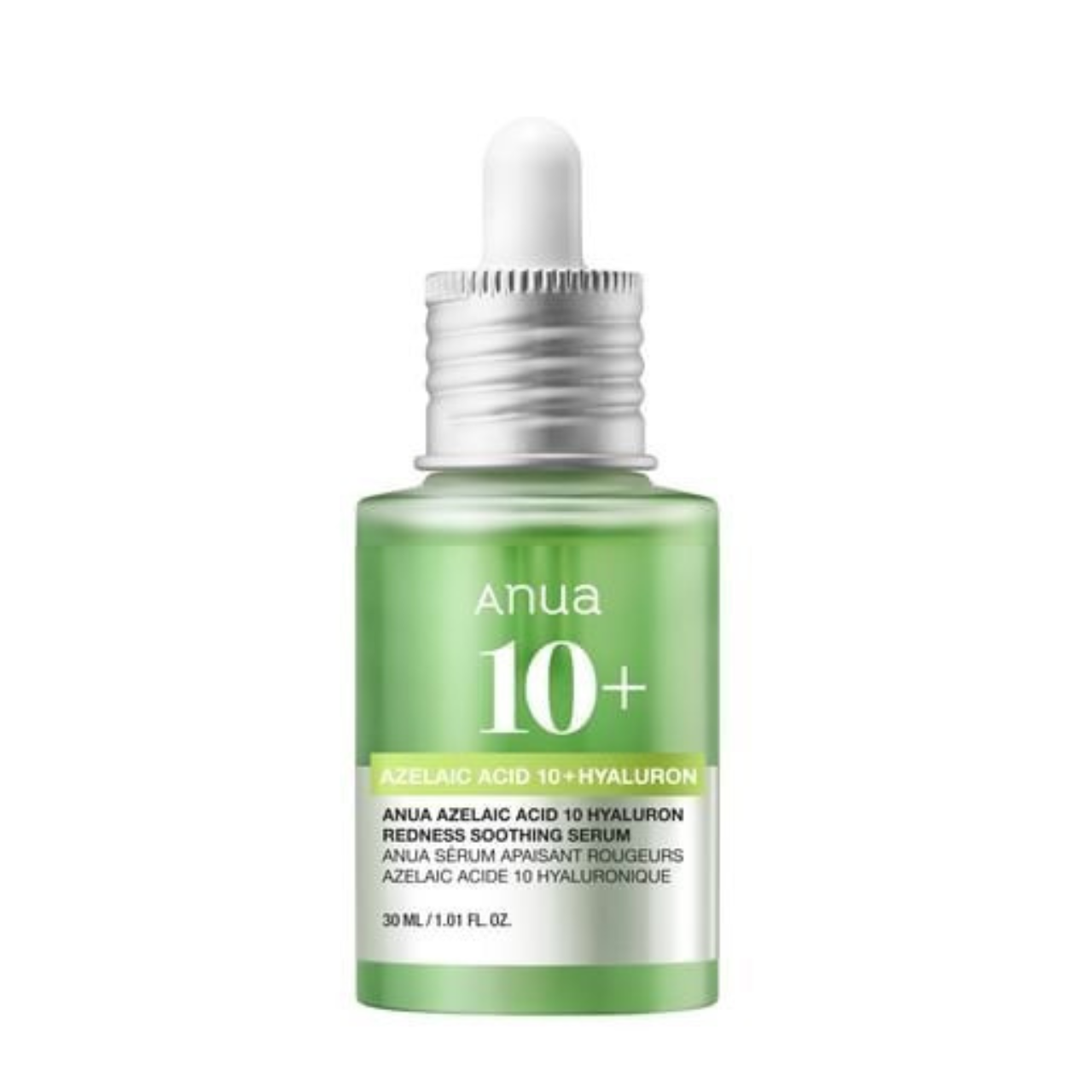 Selenaire Anua Azelaic Hyaluron Soothing Serum bottle with dropper, showcasing clear glass container and product label.