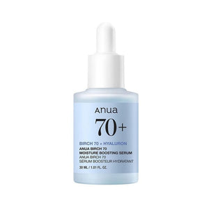 Selenaire Anua Birch 70 Moisture Boosting Serum in a clear glass bottle with dropper, designed for hydrating skincare.
