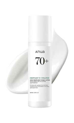 Selenaire Anua Heartleaf 70% Daily Lotion in a sleek white bottle, designed for soothing skin hydration and daily skincare.