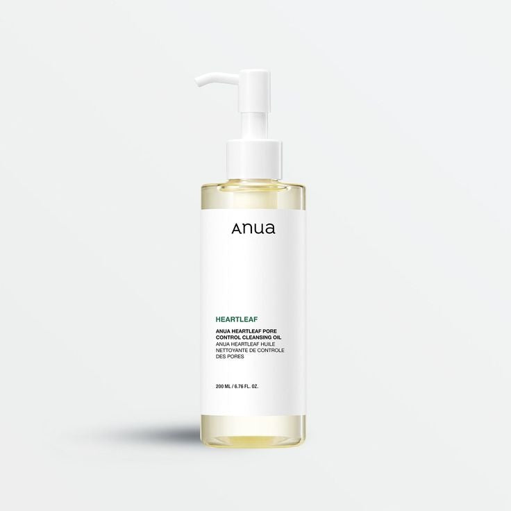 Selenaire Anua Heartleaf Pore Control Cleansing Oil in a clear pump bottle with a white cap, designed for oily and acne-prone skin.