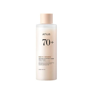 Selenaire Anua Rice 70 Glow Milky Toner in a clear bottle with a white cap, showing the light, milky toner inside.
