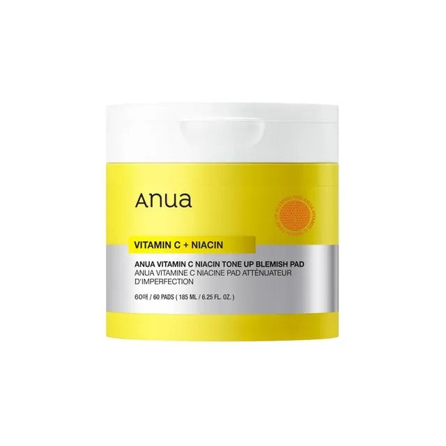 Selenaire Anua Vitamin C Niacin Tone Up Blemish Pad with brightening ingredients and textured surface for skincare.