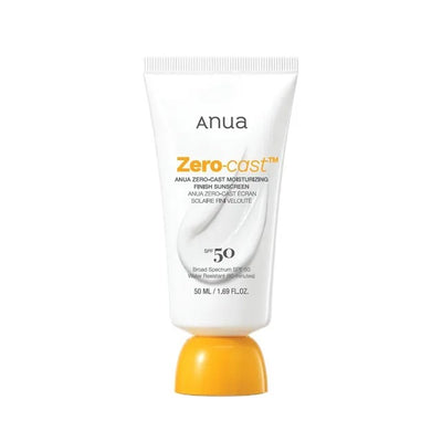 Anua Zero-Cast Moisturizing Finish Sunscreen from SELENAIRE, showing the sleek tube with SPF and moisturizing benefits.