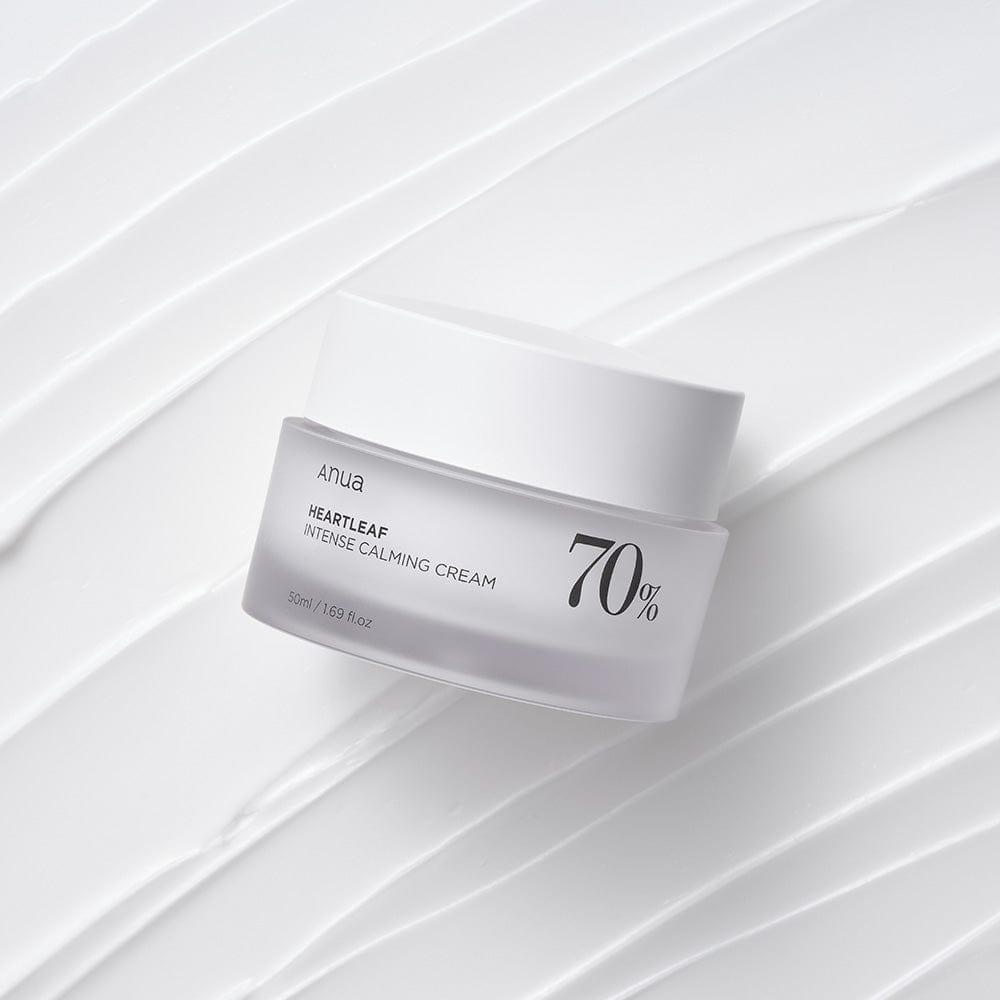 Selenaire Anua Heartleaf 70% Intense Calming Cream jar with label and open lid, showcasing the soothing skincare product.