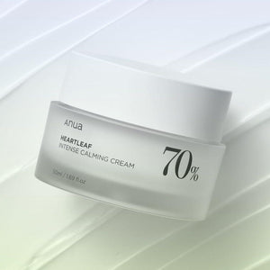 Selenaire Anua Heartleaf 70% Intense Calming Cream jar, smooth texture, and soft pink packaging for sensitive skin relief.
