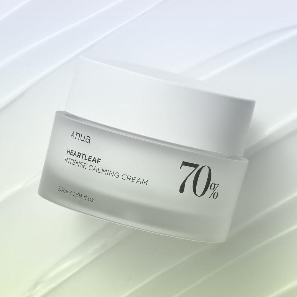 Selenaire Anua Heartleaf 70% Intense Calming Cream jar, smooth texture, and soft pink packaging for sensitive skin relief.