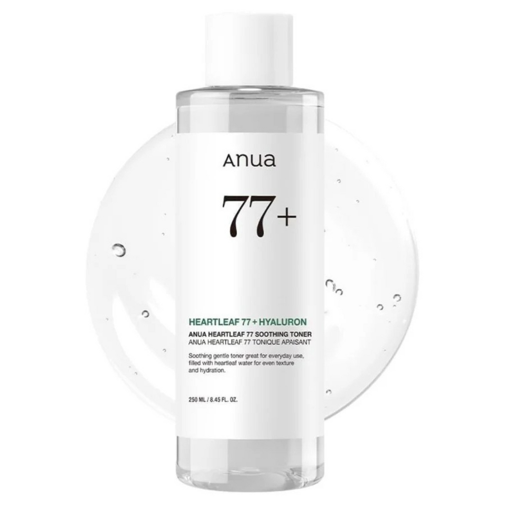 Selenaire Anua Heartleaf 77% Soothing Toner in a clear bottle with a white cap, featuring a minimalist label design.