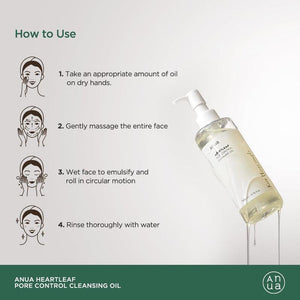 Selenaire Anua Heartleaf Pore Control Cleansing Oil bottle with pump dispenser and clear label, shown against a white background.