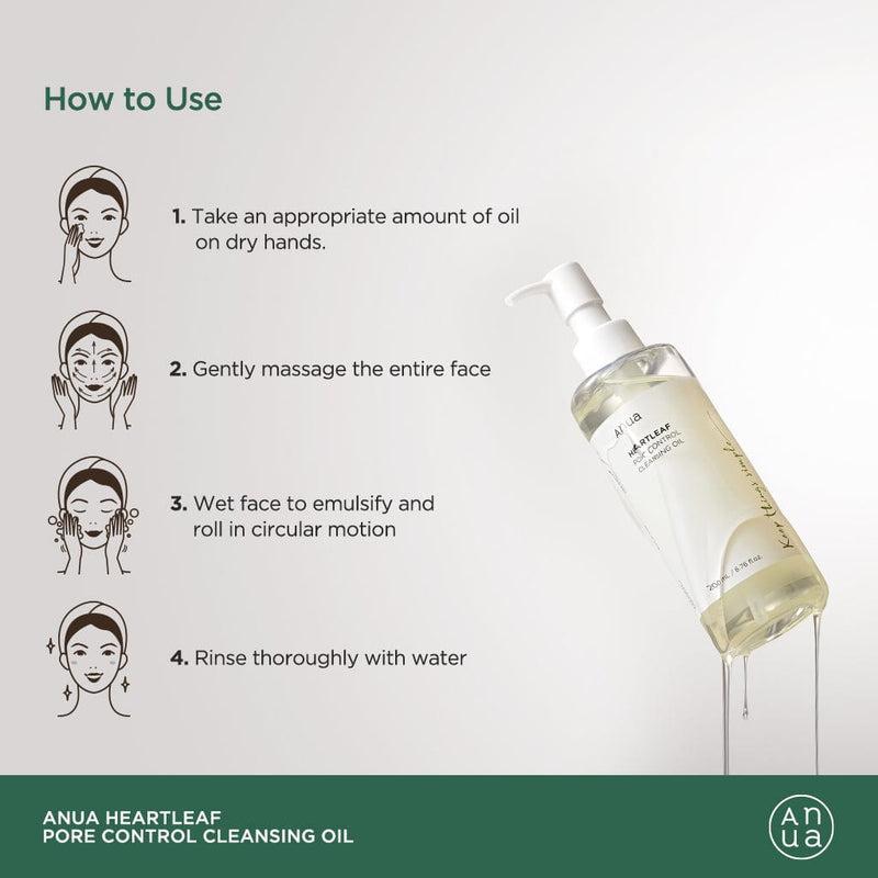 Selenaire Anua Heartleaf Pore Control Cleansing Oil bottle with pump dispenser and clear label, shown against a white background.