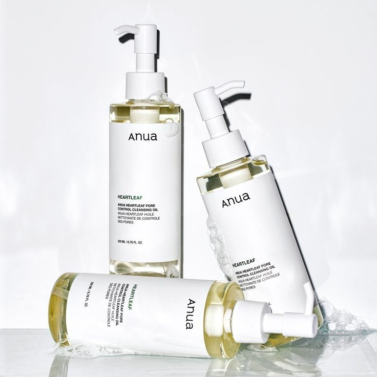 Selenaire Anua Heartleaf Pore Control Cleansing Oil with heartleaf extract in a clear bottle, showing the product and pump dispenser.