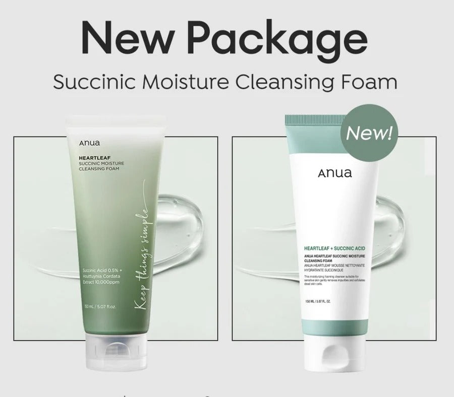 Selenaire Anua Heartleaf Succinic Moisture Cleansing Foam in white tube with green accents, designed for gentle facial cleansing.