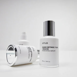 Bottle of Anua Retinol 0.3% + Niacin Renewing Serum by SELENAIRE, with dropper cap and serum inside.