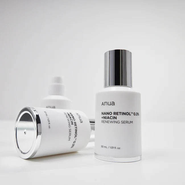 Bottle of Anua Retinol 0.3% + Niacin Renewing Serum by SELENAIRE, with dropper cap and serum inside.