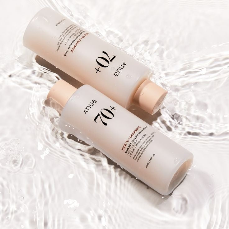 Selenaire Anua Rice 70 Glow Milky Toner bottle with white cap and label, shown on a clean surface.