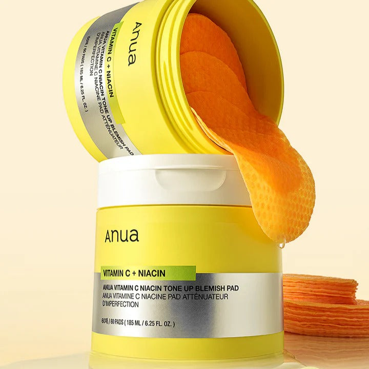 Anua Vitamin C Niacin Tone Up Blemish Pad with brightening ingredients and exfoliating texture, designed for clear, even skin.
