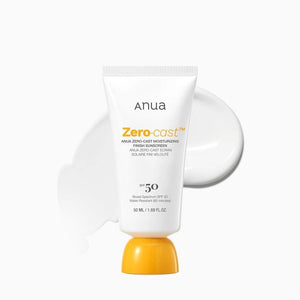 Anua Zero-Cast Moisturizing Finish Sunscreen in a sleek tube, showing the product label and packaging details.
