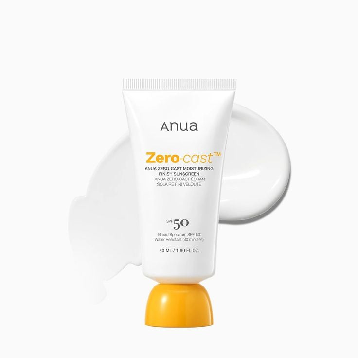 Anua Zero-Cast Moisturizing Finish Sunscreen in a sleek tube, showing the product label and packaging details.