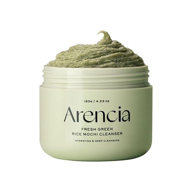 SELENAIRE Arencia Fresh Green Rice Mochi Cleanser bottle with green packaging and a pump dispenser, on a clean white background.