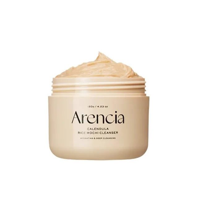 SELENAIRE Arencia Calendula Rice Mochi Cleanser with rice and calendula ingredients, showing a soft, white textured facial cleanser in a clear jar.