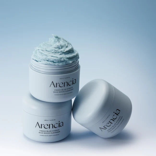 SELENAIRE Arencia Fresh Blue Hyssop Rice Mochi Cleanser bottle with blue and white packaging, featuring rice mochi ingredients.