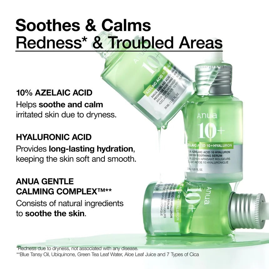 Selenaire Anua Azelaic Hyaluron Soothing Serum bottle with dropper, close-up shot showing the product label.
