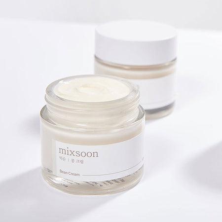 Cream jar of Mixsoon Bean Cream by Selenaire with label visible, showing smooth, light-colored bean-based skincare product.