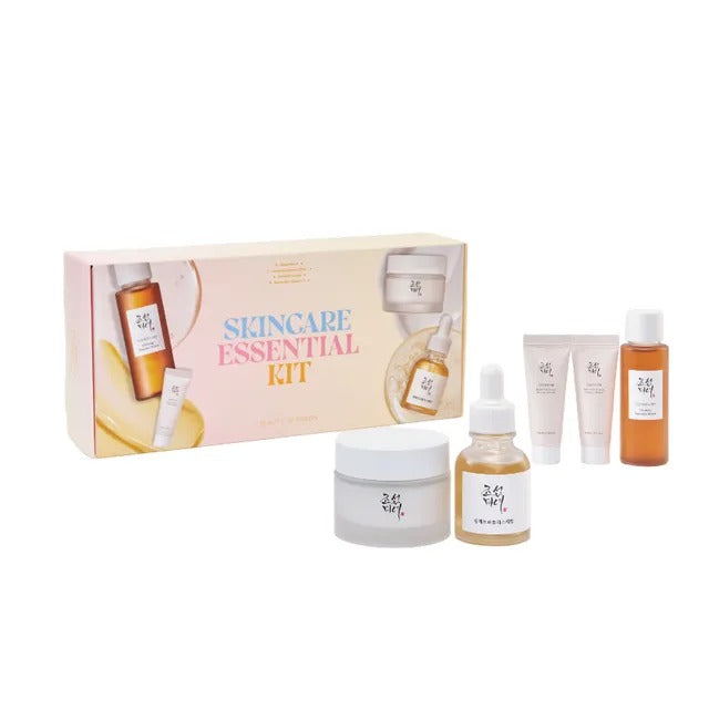 Beauty of Joseon skincare essential kit with various skincare products arranged in a minimalist setup, highlighting Korean skincare.