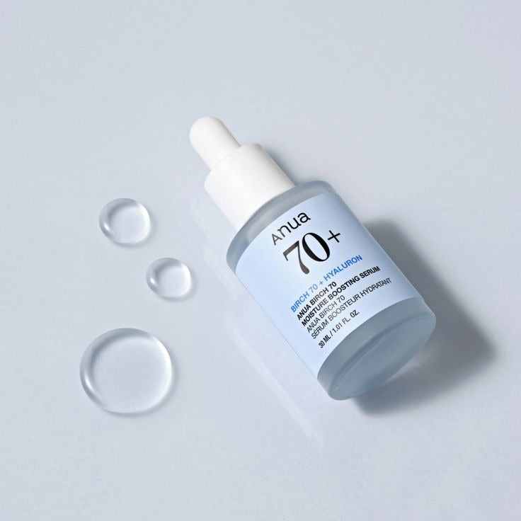 Anua Birch 70 Moisture Boosting Serum bottle with dropper, featuring clean packaging and a minimalist design.