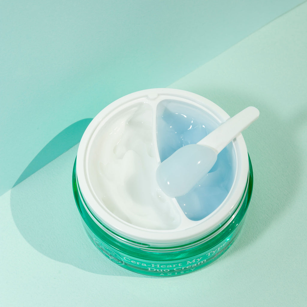 AXIS-Y Cera-Heart My Type Duo Cream by Selenaire, showing the cream jar with label and open lid revealing product inside.