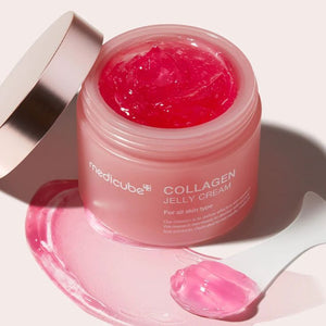 Medcube Collagen Jelly Cream jar with a smooth, gel-like texture and fresh, hydrating appearance in a sleek container.