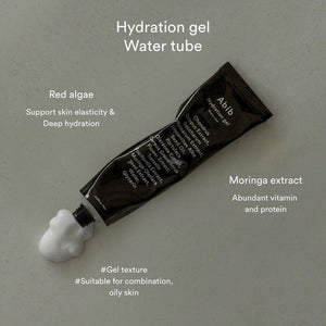 Abib Hydration Gel Water Tube by SELENAIRE showing a clear gel-filled tube with fresh water imagery for moisturizing skincare.