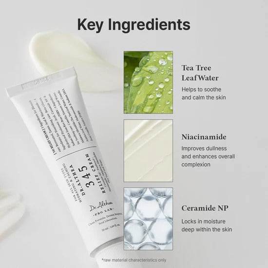 Skincare product with key ingredients listed on a white background