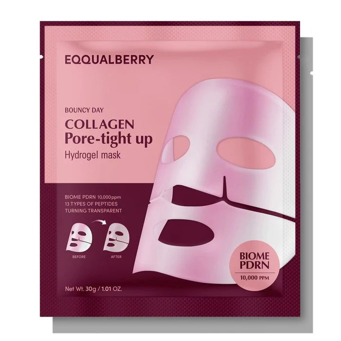 SELENAIRE EQQUALBERRY Collagen Pore-Tight Hydrogel Mask set with four sheets, designed to tighten pores and improve skin firmness.