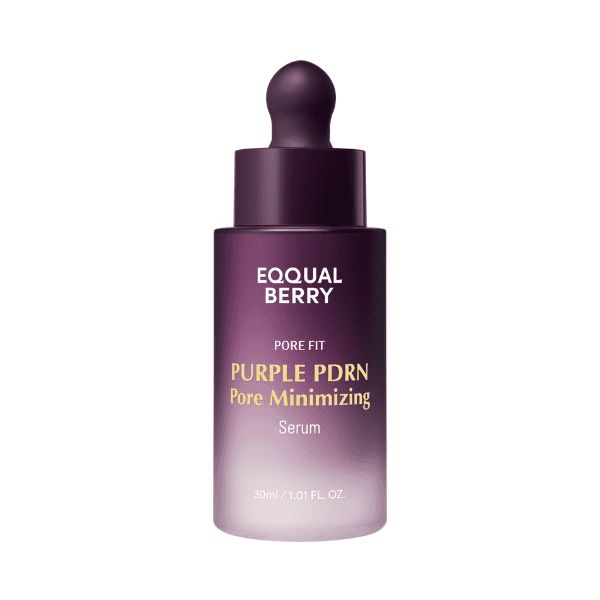 Selenaire EQQUALBERRY Purple PDRN pore-minimizing serum in a sleek purple bottle with a pump dispenser.