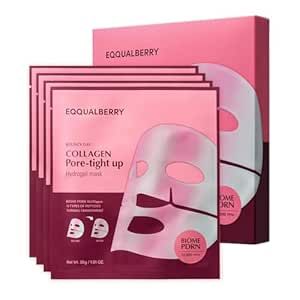 EQQUALBERRY collagen pore-tight hydrogel mask set by SELENAIRE, showing four sheet masks with berry extract and hydrating ingredients.