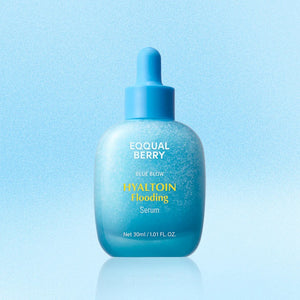 Blue skincare serum bottle with dropper on a light blue background