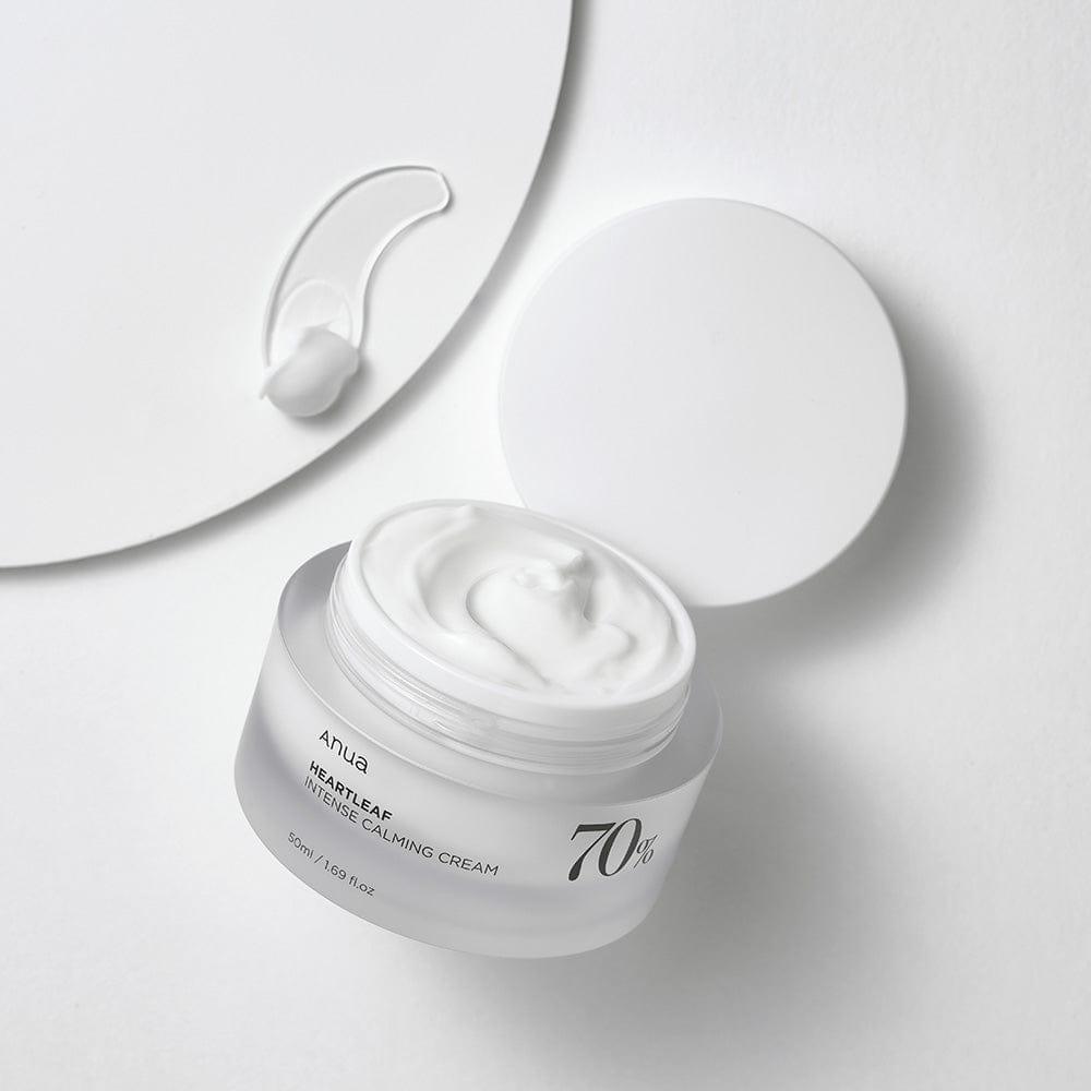 Selenaire Anua Heartleaf 70% Intense Calming Cream jar with green and white packaging, emphasizing soothing skincare ingredients.