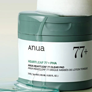 Selenaire Anua Heartleaf 77% Clear Pad showing a close-up of the exfoliating pad with heartleaf extract in a clear container