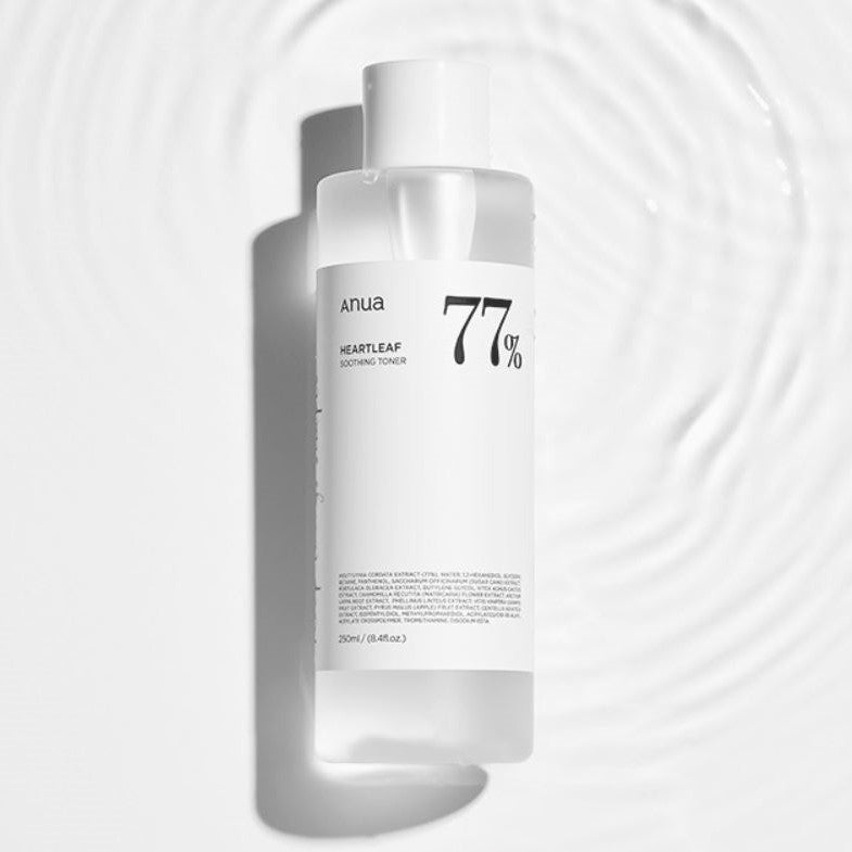 Selenaire Anua Heartleaf 77% Soothing Toner bottle with label, clear liquid inside, and a minimalist background.