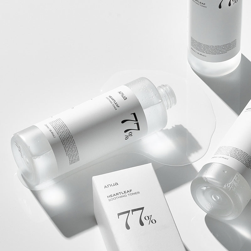 Selenaire Anua Heartleaf 77% Soothing Toner in a clear bottle with a light green liquid, designed for calming skin.